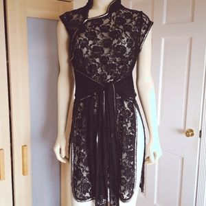 FREE PEOPLE Black lace wrap top with silver piping